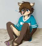 anthro balls biped blush bottomless brown_body brown_fur brown_hair canid canine canis clothed clothing cute erection fur furry genitals hair humanoid_genitalia humanoid_penis magumomo male mammal morenatsu nervous pawpads paws penis shirt shun_(morenatsu) solo spread_legs spreading teen testicles topwear video_games visual_novel wolf young