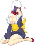  big_breasts bow breasts center_opening female heart high_heels hood large_breasts lips necklace okami ookami_(game) open_mouth original purple_hair rao short_hair sitting solo tokisige 