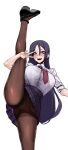 1girl big_breasts blush breasts edit edited fate/grand_order fate_(series) female_only high_heels j.k. leg_lift long_hair milf minamoto_no_raikou_(fate/grand_order) neck_tie office_lady open_mouth panties pantyhose purple_eyes purple_hair self_upload skirt skirt_lift smile solo_female spread_legs standing_split sweatdrop teeth third-party_edit tongue v v_over_eye v_sign vertical_splits white_background white_shirt