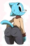  ass big_ass blue_fur cat clothed clothes fangs feline girly gumball_watterson looking_at_viewer looking_back male simple_background solo sssonic2 the_amazing_world_of_gumball white_background wide_hips young 