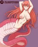  1girl 1girl 1girl abs areola arms_behind_head arms_up bare_arms big_breasts blush breasts breasts_apart eyebrows_visible_through_hair hair_between_eyes hair_ornament hairclip lamia long_hair looking_at_viewer lunarii miia_(monster_musume) monster_girl monster_musume_no_iru_nichijou navel nipples nude patreon_username purple_background pussy red_hair scales simple_background smile tail very_long_hair yellow_eyes 