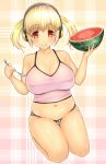 1girl :q blonde_hair blush breasts brown_eyes camisole cleavage collarbone covered_nipples curvy erect_nipples food fruit headphones huge_breasts kabocha_head large_breasts looking_at_viewer navel nitroplus panties plump red_eyes seiga shirt short_hair skindentation smile solo spoon super_pochaco taut_clothes taut_shirt tongue tongue_out twintails underwear underwear_only watermelon 