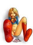  blond bottomless dc looking_at_viewer panties_around_leg presenting_pussy pussy supergirl timothymwellman 