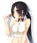  1girl big_breasts black_hair blush breasts bursting_breasts cleavage large_breasts long_hair midriff navel nekomu open_mouth original ponytail popsicle purple_eyes simple_background solo white_background 