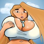 1girl atwistedspirit big_breasts blonde_hair breasts cartoon_network cleavage clouds from_below huge_breasts julia_(tdi) long_hair navel open_mouth purple_eyes solo solo_female tank_top total_drama_island total_drama_island_(2023) white_tank_top