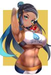  1_girl 1girl alluring alternate_breast_size aqua_eyes aqua_hair big_breasts black_hair breasts clothed dark_skin earrings eyelashes eyeshadow female female_abs female_human female_only gym_leader hair_bun high_resolution holding holding_object holding_poke_ball hoop_earrings human jewelry long_hair looking_at_viewer makeup multicolored_hair nail_polish nessa_(pokemon) one_arm_up poke_ball poke_ball_(basic) pokemon pokemon_(game) pokemon_sword_&amp;_shield solo swimsuit tankini tea_texiamato tied_hair two-tone_hair very_high_resolution yellow_nails 
