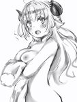  1girl 1girl ahoge animal_ears areola big_breasts blush breasts curled_horns embarrassed eyebrows_visible_through_hair greyscale high_resolution hololive horns in_profile long_hair looking_at_viewer medium_breasts monochrome nanashi_(nlo74593630) nipples nude open_mouth sheep_ears sheep_horns simple_background sweatdrop tsunomaki_watame upper_body virtual_youtuber white_background 