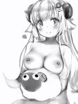  1girl 1girl animal_ears areola bangs big_breasts blush breast_rest breasts closed_mouth curled_horns eyebrows_visible_through_hair greyscale hair_ornament hairclip heart high_resolution hololive horns long_hair medium_breasts monochrome nanashi_(nlo74593630) nipples nude sheep sheep_ears sheep_horns simple_background smile tsunomaki_watame virtual_youtuber white_background 