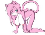   absurd_res aeris_(vg_cats) all_fours alpha_channel anthro barefoot big_breasts blue_eyes blush breasts cat detailed feline female flat_colors hair hanging_breasts high_res looking_at_viewer nekoru nipples nude paws pink_fur pink_hair plain_background pose smile solo transparent_background two_tone_fur vg_cats  