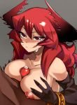  1girl areolae bangle black_gloves borrowed_character bracelet breast_squeeze breasts censored cum curly_hair demon_girl elbow_gloves gloves horns jewelry large_breasts licking_lips long_hair maou_beluzel nada_haruka nipples nude original paizuri penis precum red_eyes red_hair smile solo_focus sweat tongue tongue_out uncensored 