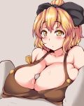  1girl :o bad_id bare_shoulders between_breasts blonde_hair blush bow breasts censored collarbone curvy grey_background hair_bow hair_ornament huge_breasts kurodani_yamame moisture_(chichi) nipples paizuri paizuri_under_clothes parted_lips penis ponytail sex short_hair simple_background soft_breasts solo_focus touhou tsurime uncensored yellow_eyes 