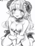  1girl 1girl animal_ears blush boots breasts choker curled_horns eyebrows_visible_through_hair fur-trimmed_boots fur_trim greyscale high_resolution hololive horns long_hair looking_at_viewer medium_breasts monochrome nanashi_(nlo74593630) navel nipples nude sheep_ears sheep_horns simple_background sitting smile sweatdrop tsunomaki_watame virtual_youtuber wariza white_background 