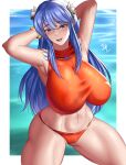 1girl alluring alternate_costume arcedo arms_behind_head bare_midriff bare_thighs big_breasts bikini blue_eyes blue_hair breasts caeda caeda_(fire_emblem) caeda_(summer)_(fire_emblem) covered_nipples female_only fire_emblem fire_emblem:_mystery_of_the_emblem fire_emblem:_shadow_dragon_and_the_blade_of_light fire_emblem_heroes flower hair_flower long_hair midriff nintendo ocean official_alternate_costume open_mouth orange_bikini orange_swimsuit outside smile swimsuit thick_thighs thighs very_long_hair water