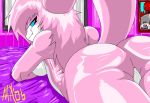  aeris_(vg_cats) anus ass back bed big_thighs blue_eyes breasts butt cat fang fangs feline female from_behind hair looking_at_viewer looking_back looking_over_shoulder monkeyxflash on_front pink pink_hair pussy raised_tail solo tail thick_thighs underboob vg_cats vgcats 