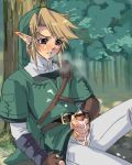 1boy blonde_hair blush censored cum forest gay handjob link lowres male male_focus masturbate masturbation nature nintendo outdoors outside penis piercing pointless_censoring pointy_ears solo the_legend_of_zelda wood yaoi 