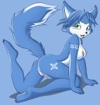 all_fours blue_background blue_fur blue_hair blue_theme breasts canine claws dam_(artist) female fox green_eyes hair high_res krystal looking_at_viewer looking_back looking_over_shoulder markings nipples palcomix plain_background pussy raised_tail short_hair solo star_fox tail video_games