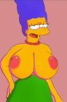  1girl areola big_breasts blue_hair exposed_breasts green_dress huge_breasts looking_at_viewer marge_simpson milf mostly_nude necklace nipples open_mouth sexy slut the_simpsons topless whoa_look_at_those_magumbos yellow_skin 