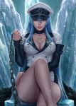 1girl 1girl 1girl akame_ga_kill! blue_eyes blue_hair blush chest_tattoo crossed_legs curvaceous curvy esdeath female_only high_res high_resolution huge_breasts human ice leash long_hair looking_at_viewer sciamano240 seductive seductive_smile sitting solo_female thick_thighs