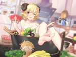  1girl 1girl 4:3_aspect_ratio ahoge animal_ears bangs barefoot big_breasts blonde blurry blurry_background blurry_foreground blush bowl breasts broccoli censored clavicle cleavage convenient_censoring corn curled_horns demon_girl demon_horns eyebrows_visible_through_hair fan feet folding_fan food foreshortening hair_flaps hair_ornament hairclip hands_up high_resolution holding holding_fan hololive horns in_food indoors kitchen knees_up ladle looking_at_viewer mushroom naughty_face nude one_eye_closed open_mouth pot purple_eyes qianduan_mozhi raised_eyebrow sheep_ears short_hair smile soles tsunomaki_watame vegetable virtual_youtuber 