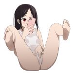  1girl 1girl absurd_res barefoot black_hair blush breasts cellphone coro_fae feet female_masturbation forehead hair_down high_res holding holding_phone kaguya-sama_wa_kokurasetai_~tensai-tachi_no_renai_zunousen~ legs masturbation masturbation_through_clothes paid_reward_available phone pink_nails pussy pussy_peek see-through selfpic shinomiya_kaguya simple_background small_breasts soles spread_legs thighs toes wet wet_clothes white_background 