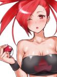  1girl ;o arm art artist_request asuna_(pokemon) bare_shoulders big_breasts black_tubetop blush breasts cleavage collarbone flannery_(pokemon) gym_leader holding holding_poke_ball humans_of_pokemon long_hair looking_at_viewer neck nintendo one_eye_closed open_mouth poke_ball pokemon pokemon_(anime) pokemon_(game) pokemon_rse ponytail red_eyes red_hair redhead shiny shiny_hair shiny_skin simple_background strapless sweat sweating tubetop upper_body white_background wince wristband 