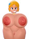 1girl 3d 3d_(artwork) alpha_channel areolae big_breasts black_eyes blonde_hair blush brawl_stars breasts clitoris completely_nude cowboy_shot dra111_(artist) embarrassed eyelashes female female_only front_view hair hair_bun hair_ornament hands_on_hips huge_breasts huge_nipples looking_at_viewer navel nipples nude nude_female piper_(brawl_stars) pussy short_hair smile solo transparent_background wavy_mouth