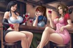 3girls abs aerith_gainsborough artist_logo big_breasts black_dress black_hair blue_shirt breasts brown_eyes brown_hair cleavage drink female_only final_fantasy final_fantasy_vii final_fantasy_vii_remake flowerxl gloves green_eyes hands_on_face jessie_rasberry legs_crossed long_hair pale-skinned_female pale_skin pink_dress red_jacket sitting sitting_on_chair square_enix thick_thighs tifa_lockhart url video_game_character white_topwear wine wine_bottle wine_glass