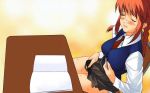  16:10 artist_request blank_pages blush book bulge character_request closed_eyes desk female futanari hair highres intersex long_hair necktie penis red_hair school_uniform smile solo source_request 