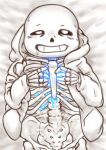 animated_skeleton bottom_sans bottomless cum cum_on_lower_body glowing jacket looking_at_viewer male_only monster partially_clothed sans sans_(undertale) skeleton solo submissive topwear topwear_only uke_sans undead undertale undertale_(series) unknown_artist