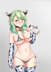 1girl 1girl absurd_res animal_ears animal_print antlers artist_name ass_visible_through_thighs azurecruiser bell big_breasts bikini black_collar blush bottle branch breasts ceres_fauna collar cow_ears cow_print cowbell elbow_gloves gloves green_hair grey_background high_res holding holding_bottle hololive hololive_english leaf micro_bikini milk_bottle mole mole_under_eye navel neck_bell open_mouth patreon_logo patreon_username print_gloves print_thighhighs simple_background skindentation stockings stomach swimsuit virtual_youtuber web_address yellow_eyes