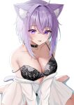 1girl 1girl :p absurd_res ahoge animal_ear_fluff animal_ears bare_shoulders blush bra breasts c1p122 cat_ears cat_girl cat_tail cleavage collar collarbone crossed_bangs hair_between_eyes high_res hololive lace-trimmed_bra lace-trimmed_panties lace_trim long_sleeves nekomata_okayu nekomata_okayu_(4th_costume) official_alternate_costume panties purple_eyes purple_hair shirt short_hair sitting smile tail tongue tongue_out underwear virtual_youtuber wariza white_background