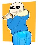 1boy 2010s 2019 animated_skeleton ass ass_focus big_ass blue_ass blue_butt bottomless bottomless_male butt butt_focus clothed clothing ectobody ectobutt elfein food half_nude hot_dog hotdog looking_at_viewer male male_only monster partially_clothed sans sans_(undertale) skeleton smile thick_thighs undead undertale undertale_(series)