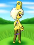  1girl 1girl 1girl anthro ass back_view blonde_hair blue_sky blush bra breasts clothed clothes clothing day elekid exhibitionism fangs female_only full_body game_freak gen_2_pokemon grass hair half-closed_eyes high_res looking_at_viewer looking_back looking_back_at_viewer nintendo oc original_character outside panties panties_down pokemon pokemon_(species) pokemon_gsc pokemon_hgss presenting presenting_ass screwroot short_hair small_breasts smile suggestive underwear yellow_body zoey_the_elekid_(screwroot) 