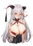 1girl 1girl :p absurd_res aegir_(azur_lane) aegir_(golden_dragon_among_auspicious_clouds)_(azur_lane) azur_lane bare_shoulders bodystocking breasts cleavage commentary covered_navel criss-cross_halter cropped_torso cross demon_horns gloves hair_between_eyes halterneck high_res horn_ornament horns huge_breasts long_hair looking_at_viewer marumai multicolored_hair official_alternate_costume red_hair streaked_hair tongue tongue_out two-tone_hair very_long_hair white_background white_hair yellow_eyes