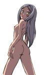  ass back bangs blush female flat_chest gundam gundam_00 kemono_takahagi looking_at_viewer looking_back marie_parfacy nude silver_hair simple_background solo soma_peries white_background 