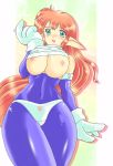  1girl bad_id bodysuit breasts buieito galaxy_fight gloves green_eyes huge_breasts long_hair nipples open_clothes pointy_ears red_hair roomi solo spandex sunsoft 
