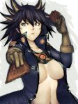  1girl black_hair blue_eyes breasts card cards fudou_yuusei fumio_(rsqkr) genderswap gloves holding holding_card huge_breasts humio jacket multicolored_hair open_clothes open_shirt rule_63 shirt shirt_lift short_hair solo streaked_hair yu-gi-oh! yu-gi-oh!_5d&#039;s yuu-gi-ou yuu-gi-ou_(card) yuu-gi-ou_5d&#039;s yuu-gi-ou_5d's yuusei_fudou 