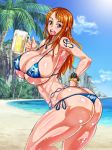  1girl 1girl alcohol ass beer big_ass big_breasts bikini breasts long_hair looking_at_viewer nami_(one_piece) one_piece orange_hair swimsuit tattoo wet 