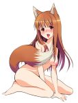  1girl animal_ears bad_id barefoot blush breasts brown_hair holo horo joe_sage kneeling long_hair nipples nude open_mouth red_eyes sage_joh saliva simple_background solo spice_and_wolf tail white_background wolf_ears wolf_tail 