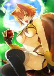  1girl animal_ears apple arc_system_works blazblue blazblue:_continuum_shift breasts brown_eyes brown_hair food fruit gloves justanotherkid makoto_nanaya midriff revealing_clothes smile solo squirrel_ears squirrel_tail tail underboob 