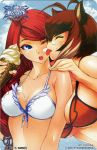  2girls :o ahoge animal_ears arc_system_works artist_request bare_shoulders between_breasts bikini_top blazblue blazblue:_continuum_shift blue_eyes breasts brown_hair bust cleavage closed_eyes cloud dripping food front-tie_top hair ice_cream large_breasts licking long_hair makoto_nanaya multiple_girls official_art open_mouth red_hair scan short_hair sky squirrel_ears swimsuit tongue toshocard tsubaki_yayoi very_long_hair wink yuri 