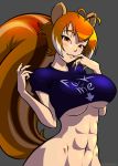 1girl abs animal_ears antenna_hair arc_system_works bare_shoulders blazblue blazblue:_continuum_shift bottomless breasts brown_eyes brown_hair clothes_writing colored crop_top drawfag english finger_to_mouth halter_top halterneck huge_breasts ian_chase large_breasts makoto_nanaya monochrome multicolored_hair naughty_face navel profanity short_hair solo squirrel_ears squirrel_tail standing tail two-tone_hair underboob watermark web_address white_hair 