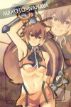 1girl animal_ears arc_system_works blazblue blazblue:_continuum_shift breasts brown_eyes cardinal777 character_name copyright_name gloves grin makoto_nanaya orange_skirt revealing_clothes skirt smile solo squirrel_ears squirrel_tail tail title_drop tonfa underboob weapon yuuka_seisen