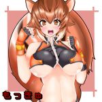 1girl animal_ears arc_system_works blazblue blazblue:_continuum_shift blush breasts brown_eyes brown_hair fingerless_gloves gloves highres large_breasts looking_at_viewer makoto_nanaya midriff mokkyu revealing_clothes smile solo squirrel_ears squirrel_tail tail underboob 
