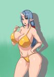  1girl bikini blue_hair bra bra_lift breasts brown_eyes demon_girl female green_background highres horn huge_breasts long_hair mound_of_venus navel obmas_(pfeito) open_mouth pfeito pointy_ears simple_background solo standing swimsuit thighs underwear yellow_bikini 
