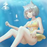  1girl 1girl absurd_res alluring animal_ears ass blunt_bangs cat_ears chest_jewel cleavage core_crystal_(xenoblade) facial_mark fishing_hook grey_hair high_res holding_breath nia_(xenoblade) puffy_cheeks short_hair small_breasts swimsuit underwater xenoblade_(series) xenoblade_chronicles_2 yellow_eyes zambonito 