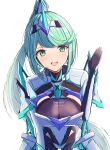  1girl 1girl alluring big_breasts chest_jewel cleavage earrings female_focus gem gloves greek_text green_eyes green_hair headpiece high_res jewelry karuushi long_hair matching_hair/eyes nintendo open_mouth pneuma_(xenoblade) ponytail simple_background smile swept_bangs tiara very_long_hair white_background xenoblade_(series) xenoblade_chronicles_2 