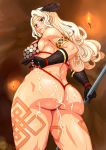  1girl amazon_(dragon&#039;s_crown) amazon_(dragon's_crown) armlet armor ass big_ass bikini_armor blonde_hair blue_eyes blush breasts circlet cum cum_on_ass cum_on_body cum_on_lower_body dragon&#039;s_crown dragon's_crown feathers from_behind from_below gloves halberd highres huge_ass large_breasts long_hair looking_back looking_down muscle obmas_(pfeito) polearm solo sweat swimsuit tattoo thick_thighs thighs weapon 