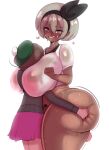  2_girls bea_(pokemon) between_thighs bottomless bottomless_female curvy dark-skinned_female erection erection_under_clothes face_in_breasts fladdykin futanari futanari_with_female gloria_(pokemon) grey_hair hands_on_ass heart-shaped_pupils interracial looking_at_partner medium_breasts navel open_mouth pleasure_face pokemon smothered sweat thicc younger_futanari yuri 