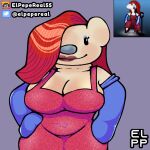 1girl 2023 bear bear_(game) bear_alpha betty_amelia_rose_(bear) big_breasts blue_nose clothed clothing cream_body cream_fur dress elpepereal female_focus female_only gloves jessica_rabbit_(cosplay) lipstick long_gloves newgrounds_username red_dress red_hair roblox roblox_game signature twitter_username ursid ursine voluptuous voluptuous_female